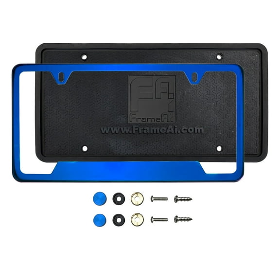 KA Depot Silicone Back Guard Bottom Cut Out License Plate Holder Blue Chrome Mirror License Plate Frame T304 Stainless Steel   Metal Screw Caps