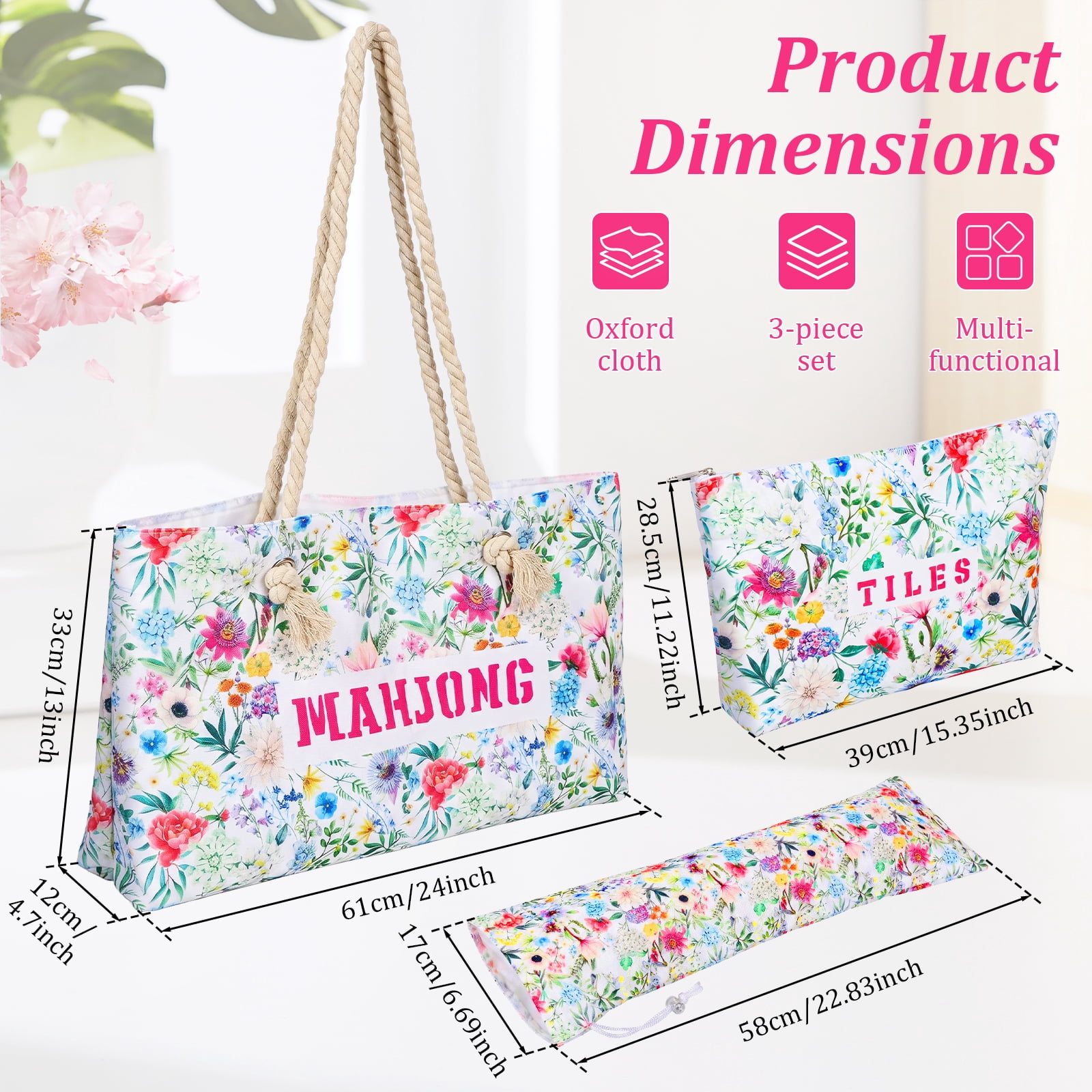 Floral Mahjong Storage Bag Set 3 Piece Organizer with Large Tote Tile Pouch and Drawstring Bag for American Mahjong Tile Rack and Accessories