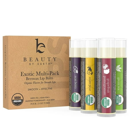Beauty by Earth Organic Lip Balm Multi Pack; Fruit Flavored Moisturizing Natural Beeswax Chapstick; Long Lasting Therapy to Repair Dry Chapped Cracked Lips (4 Tubes in (Best For Dry Cracked Lips)
