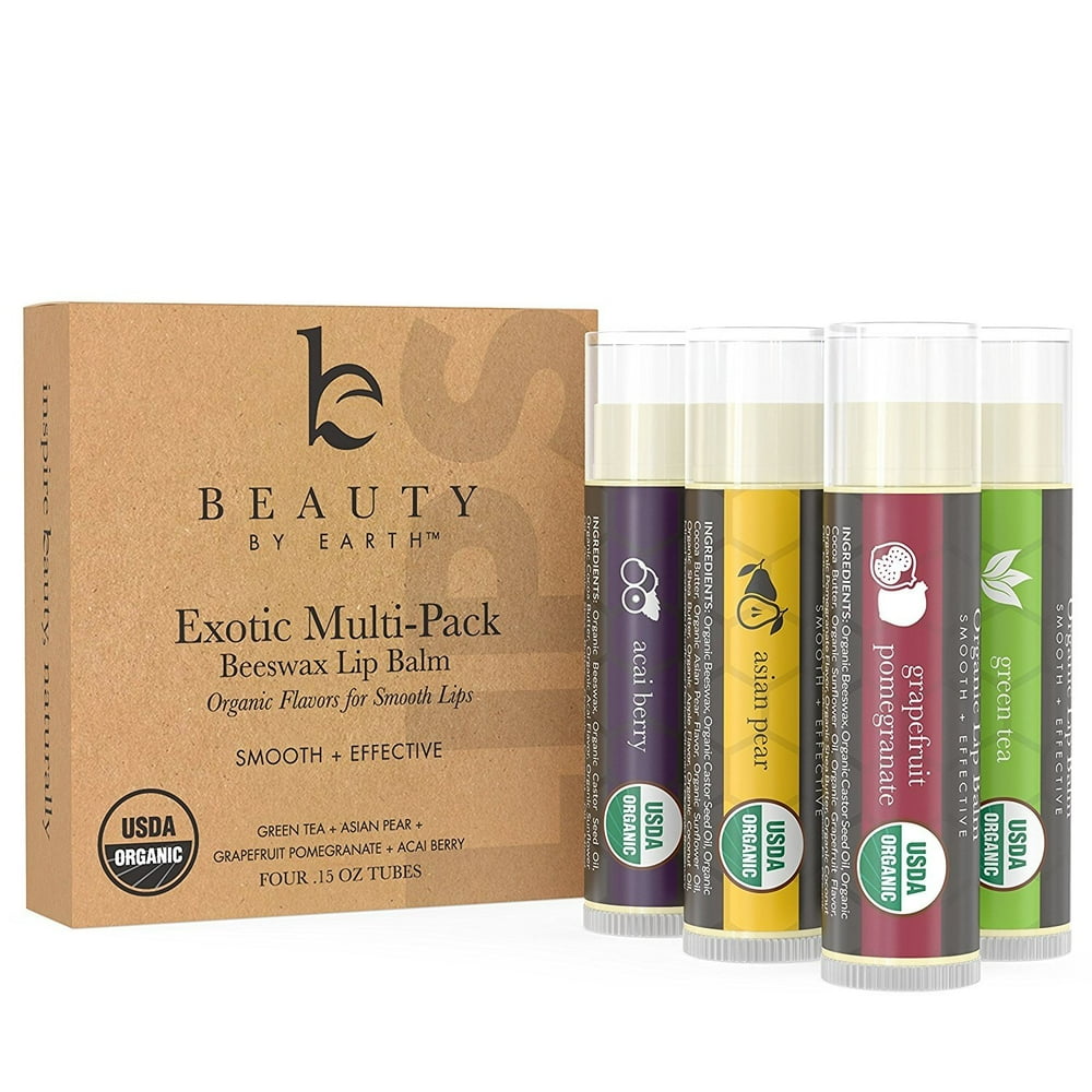 Beauty by Earth Organic Lip Balm 4 pack Multi Flavor Fruit Flavored