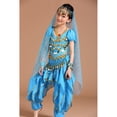 thumbnail image 3 of Conjunto de traje de danza del vientre para niñas con borlas de monedas, pantalón harén y bufanda en la cadera Azul, 3 of 9