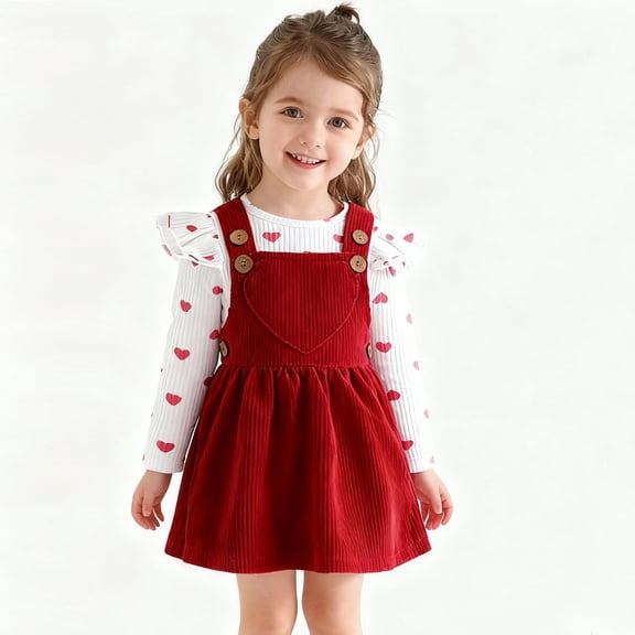 SGFCWSX Girls Valentine's Day 3 Piece Overalls Dress Set for School Kids Ruffled Long Sleeve Casual Heart Print Outfit with Headband Red Size 3-6 Months