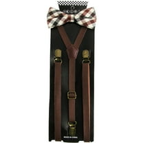 CTM  Brown Plaid Bow Tie with Brown Faux Leather Suspender Set (Men)