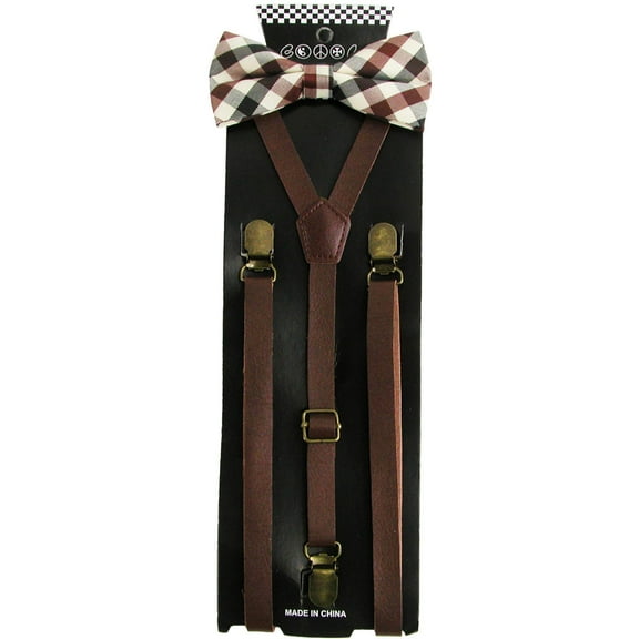CTM Brown Plaid Bow Tie with Brown Faux Leather Suspender Set (Men)