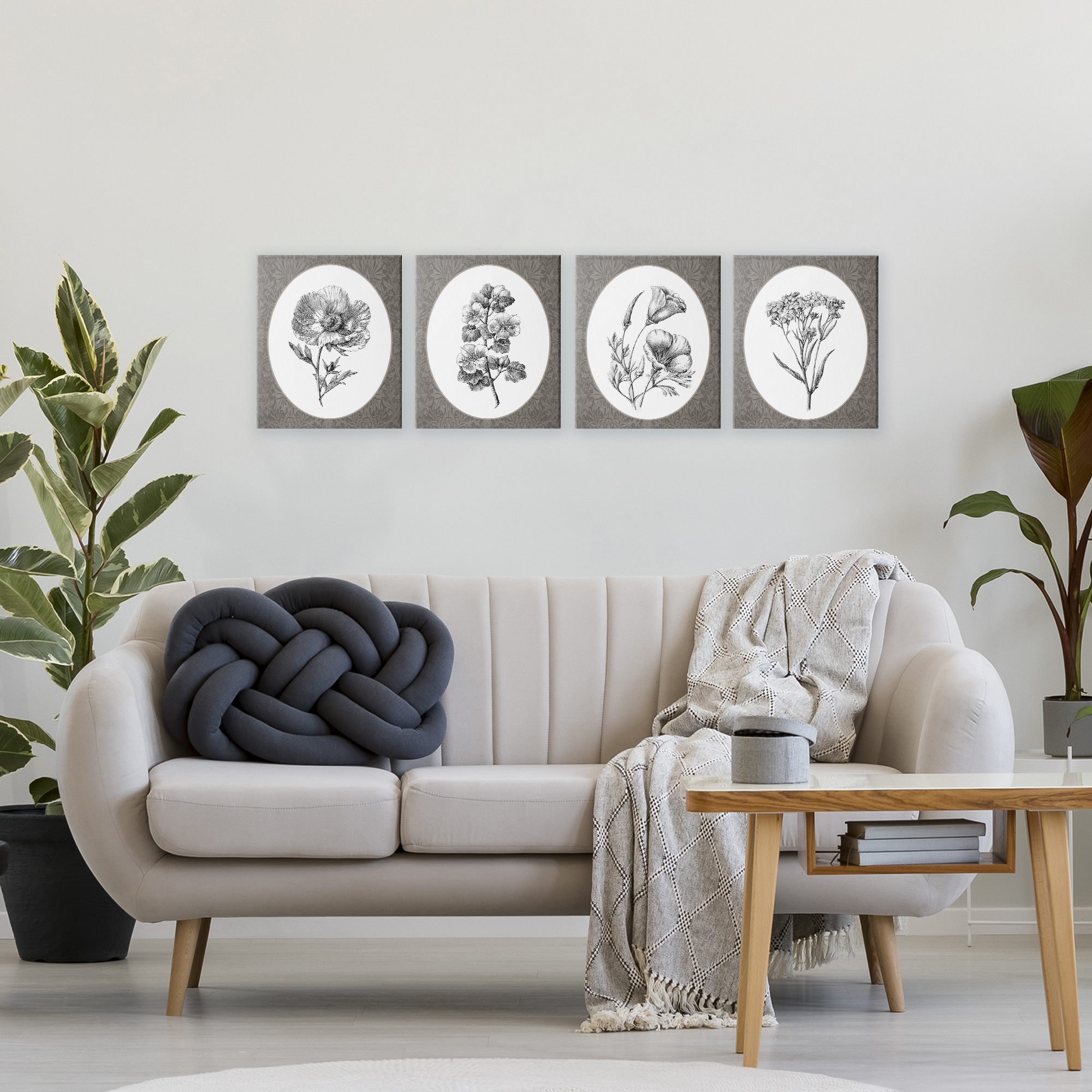 Ornate Blooms over Damask 4 Piece Canvas Wall Art Set, design by Lettered and Lined