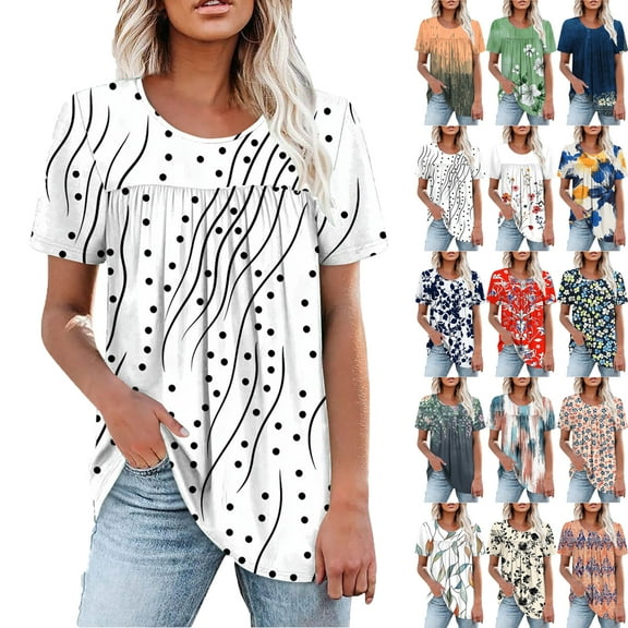 Plus Size Blouses for Women Floral Casual Ladies' Tops Pleated Short Sleeve Round-Neck Blouses Shirts Multicolor Womens Summer Outwear Comfortable Vacation Beach Fashion