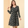 thumbnail image 3 of Vestido a media pierna con cuello en V y estampado floral con cintura fruncida Negro M, 3 of 6
