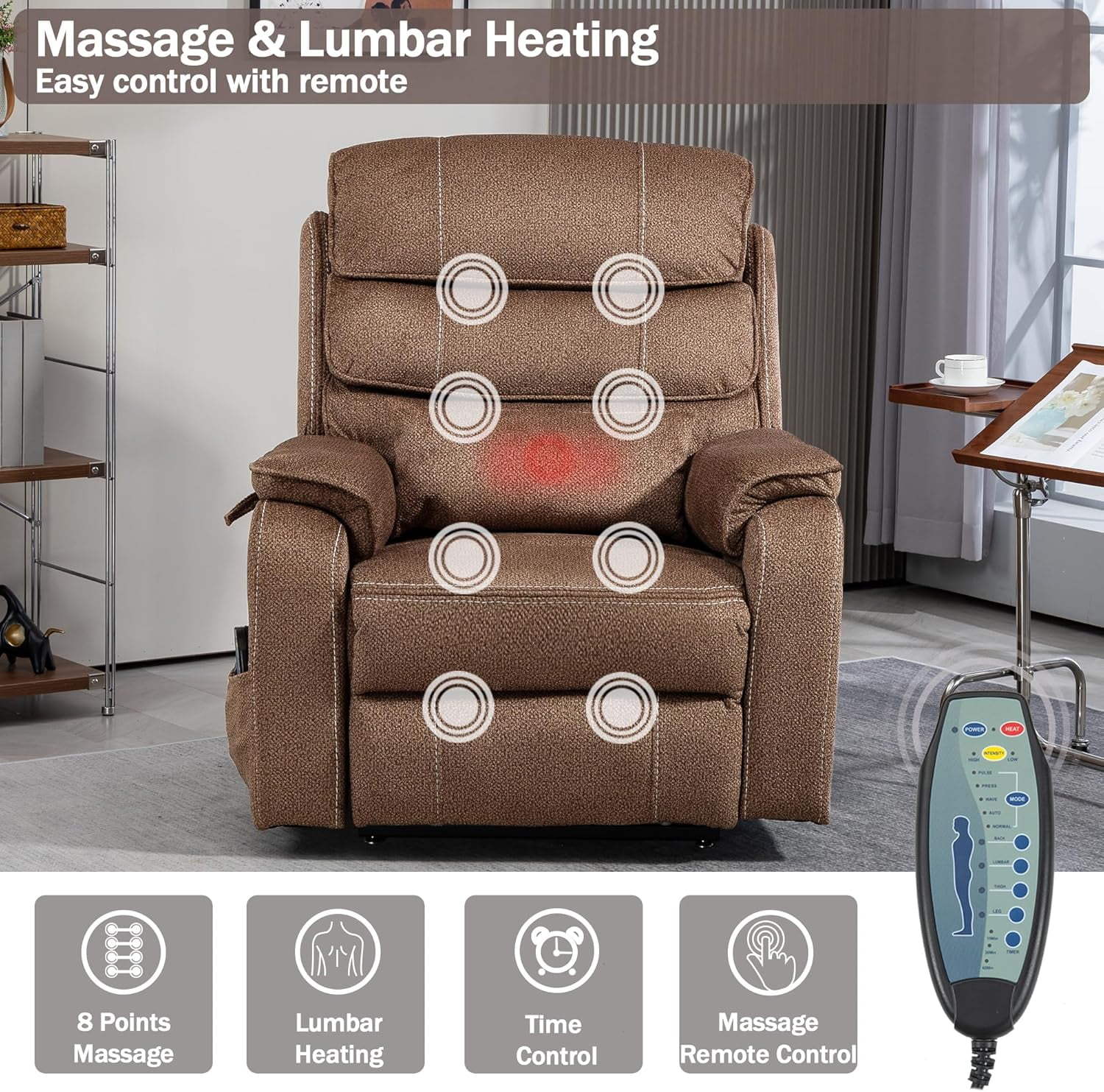 Power Lift Recliner Chair for Adults Elderly Lay Flat Velvet Recliners with Massage Heating, Extended Footrest, Wireless Charging Device, USB Ports, Cup Holder, Lumbar Pillow