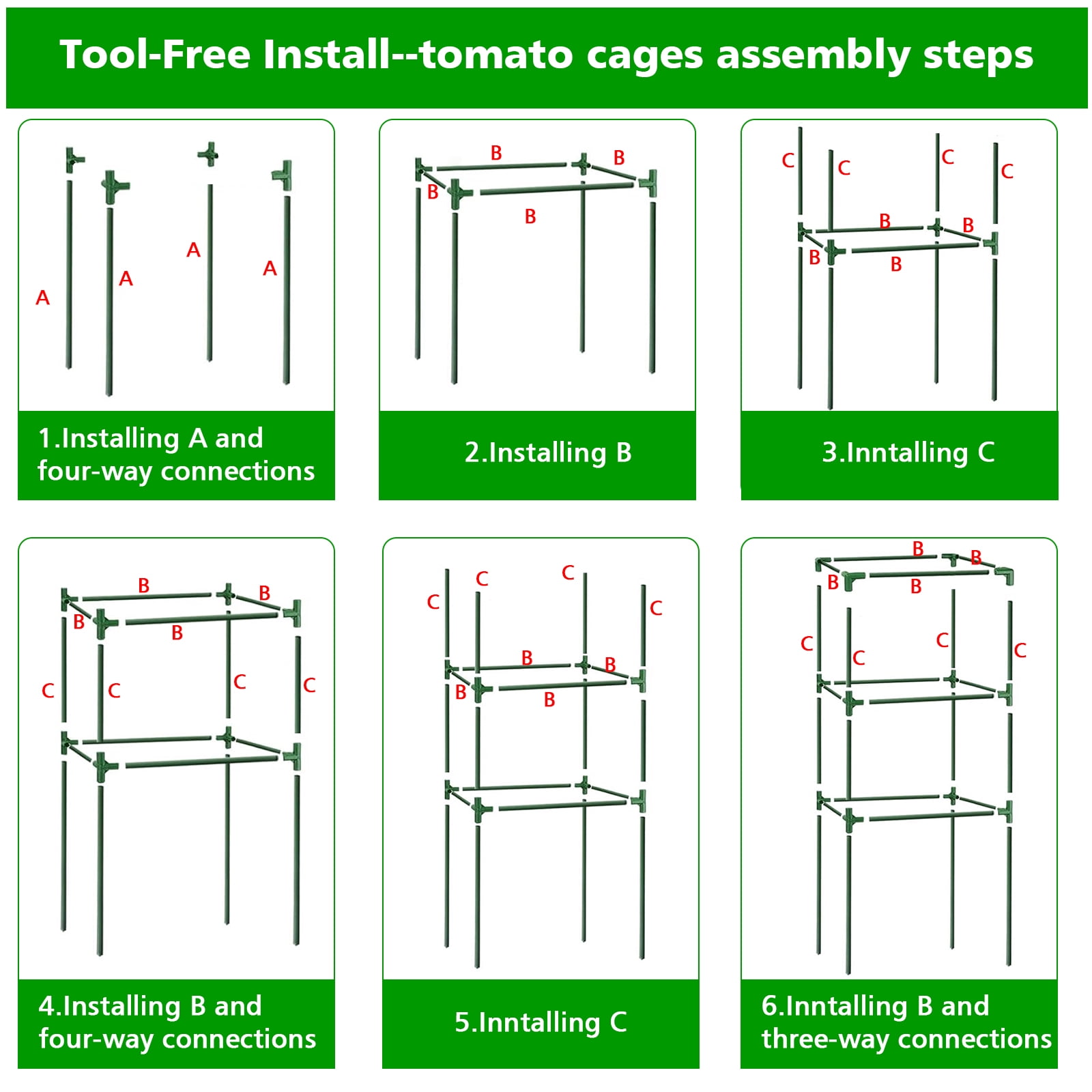 Garden Trellis 48" Tomato Cage Adjustable Metal Plant Cage for Climbing Plants Vegetables Flowers Fruits 3 Pack