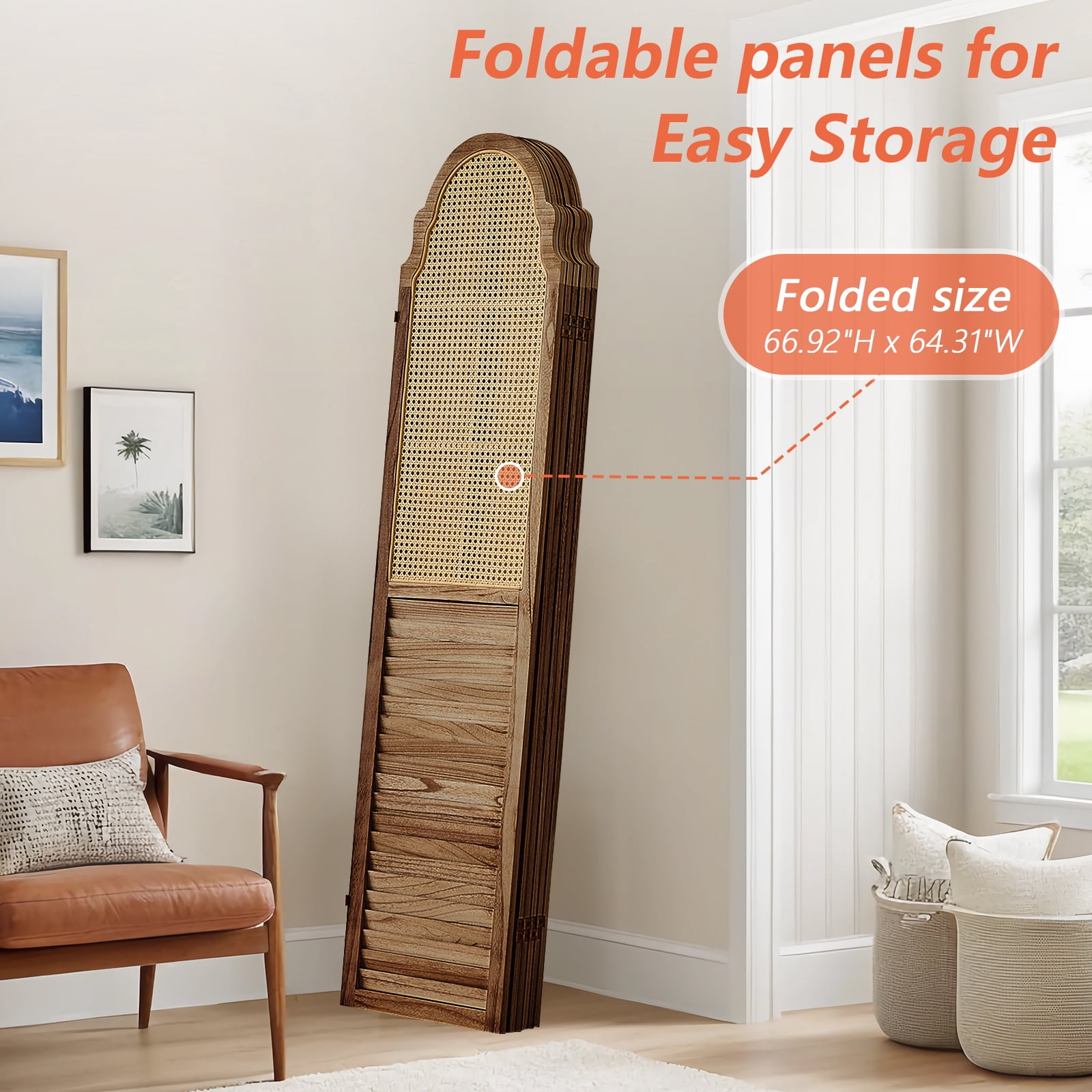 Aletheiawu 4 Panel Rattan Room Divider, Foldable Privacy Screen, No Installation Require, Dark Brown