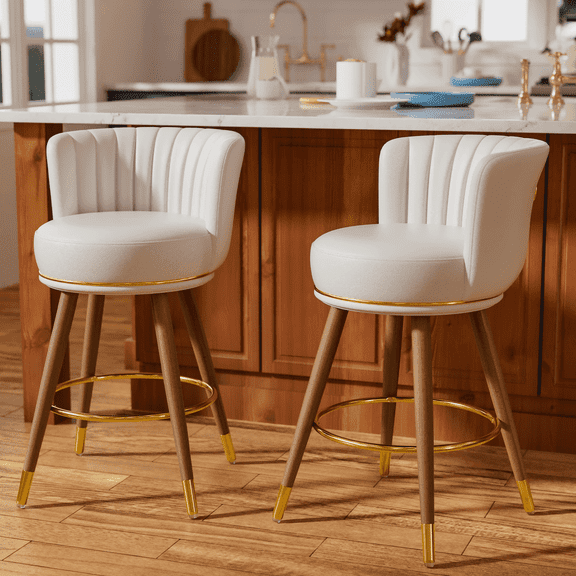 HomeZeer 26" Counter Height Bar Stools, Furniture Round Low Back Pedestal Bar Stool, PU Leather Swivel Bar Chair for Kitchen,White (Set of 2)