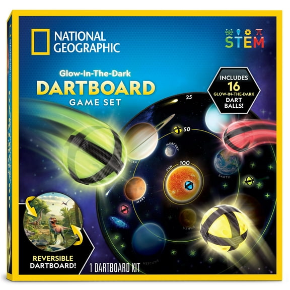 NATIONAL GEOGRAPHIC Kids Glow in the Dark Dart Ball Game Set with 28" Reversible, Glowing Dartboard and Sticky Balls