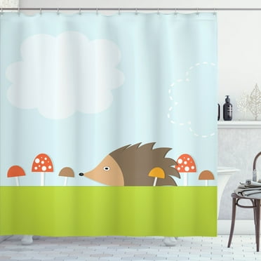 Ambesonne Hedgehog Shower Curtain, Mushroom Field Animal, 69"Wx70"L, Green Brown Pale Blue
