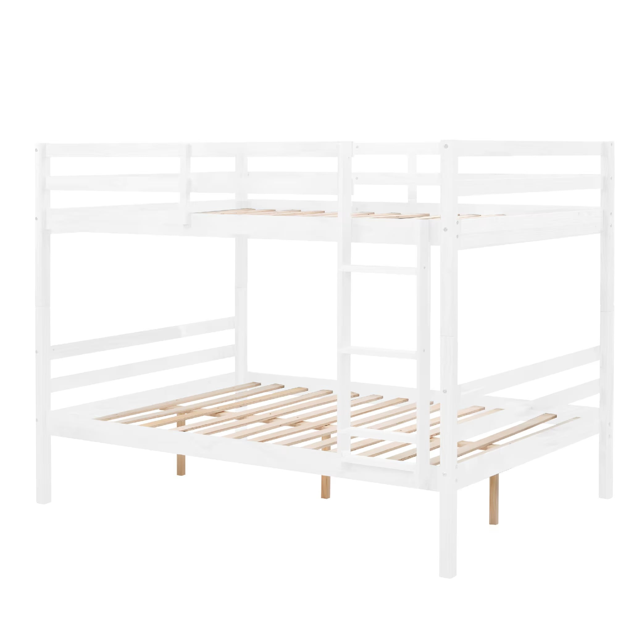 Full Over Full Bunk Bed, Solid Wood Bunk Bed Frame with High Guardrails and Ladder, Heavy Duty Wooden Slats, No Box Spring Needed for Kids, Teens, Guest Room, White