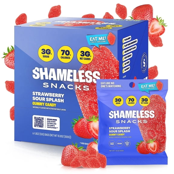 Shameless Snacks Strawberry Sour Splash - Sour Candy & Fruit Snacks, Strawberry Gummy Candy, Keto Snacks in Bulk, 3g Sugar Gluten Free Vegan for Kids & Adults