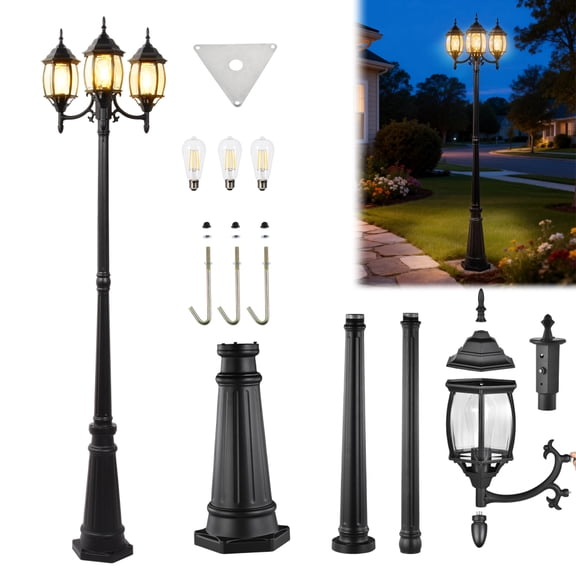 3-Head Outdoor Post Light, Dusk to Dawn Sensor Retro Roman Pole Lighting with Waterproof Anti-Rust for Backyard Garden Driveway