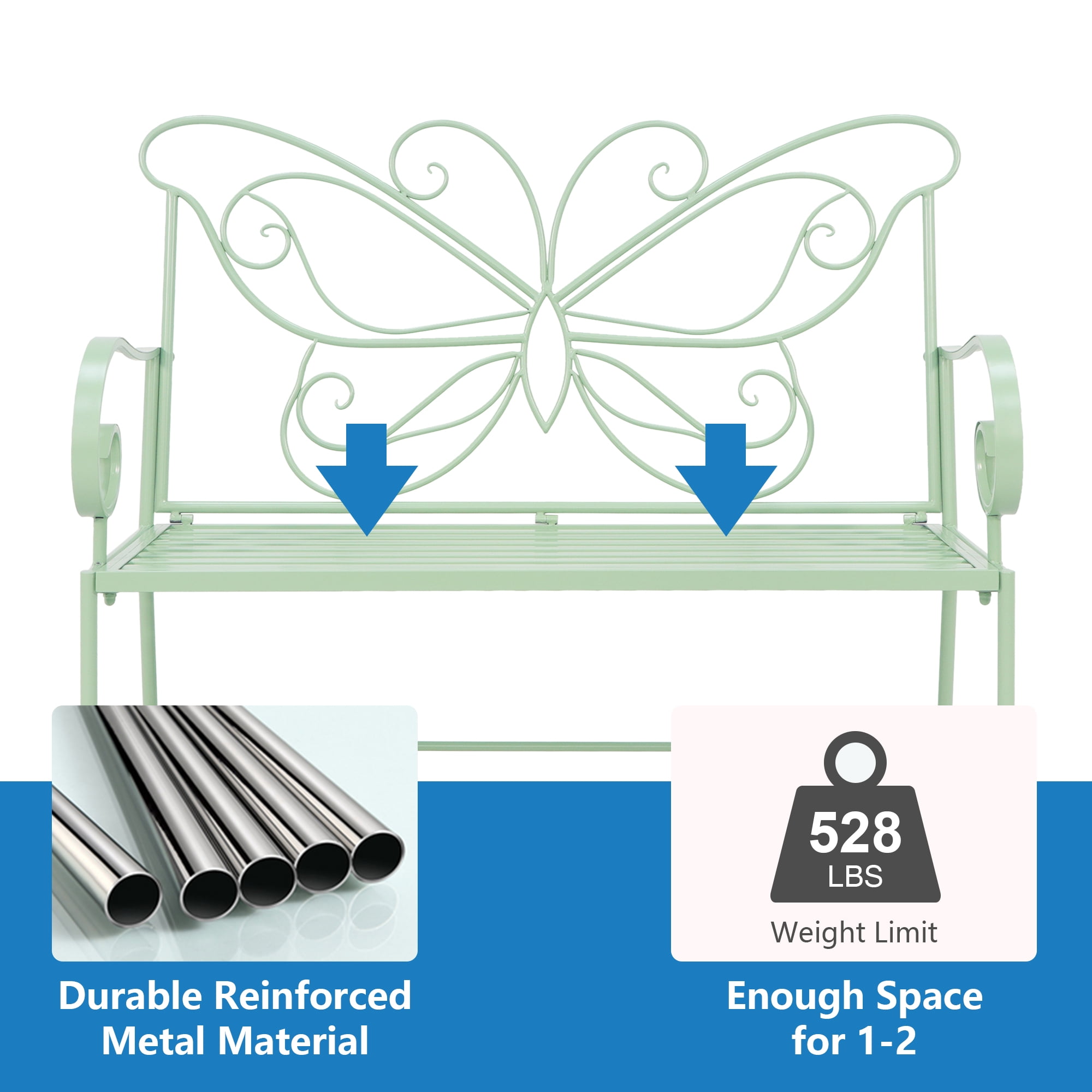 Abble 42" Outdoor Bench Metal Butterfly Design Patio Garden Bench for Porch Yard Lawn Patio Bench,  Green