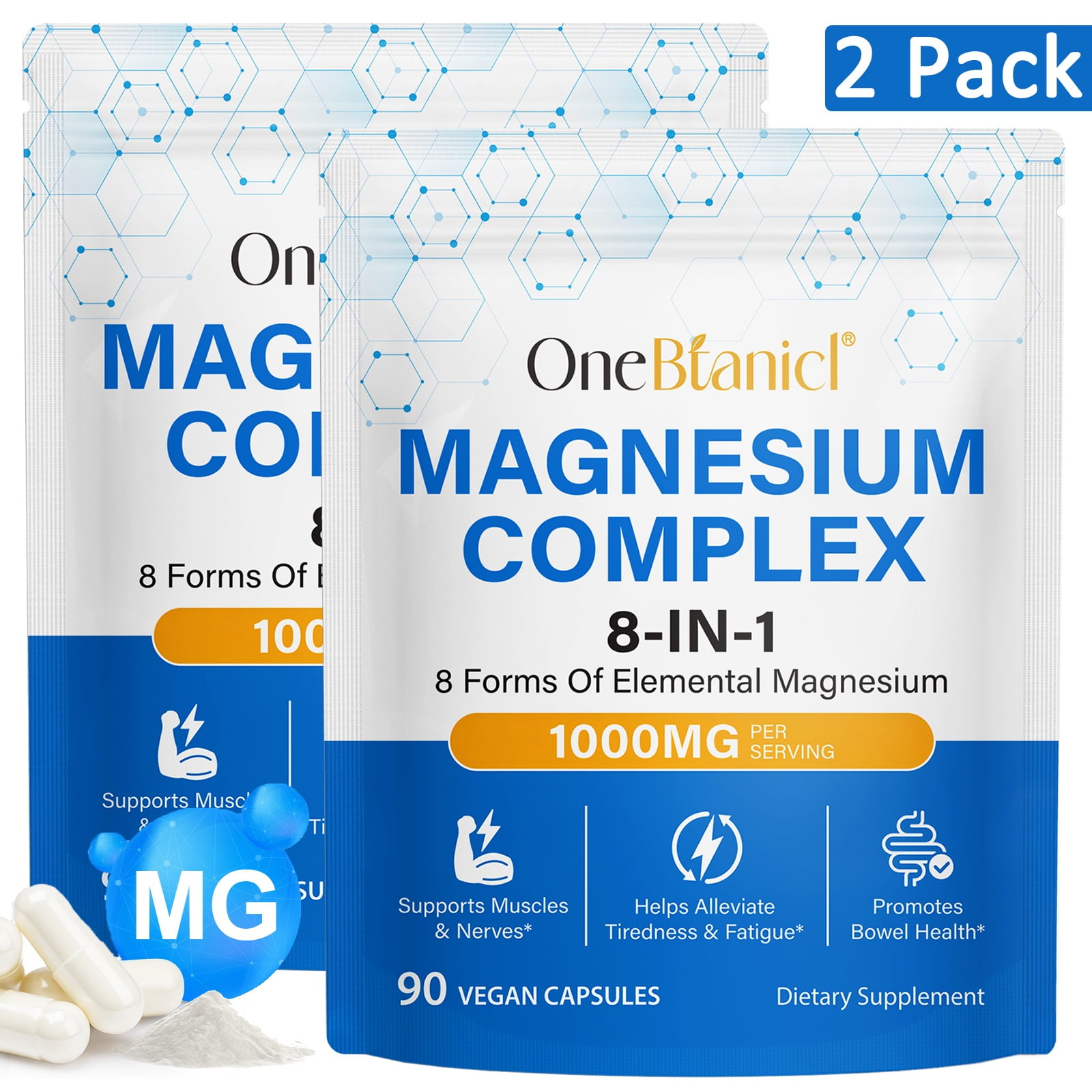 2 Pack 8-in-1 Magnesium with Magnesium Glycinate, Malate, and Citrate, Bone & Muscle Health Supplement, 90 Capsules