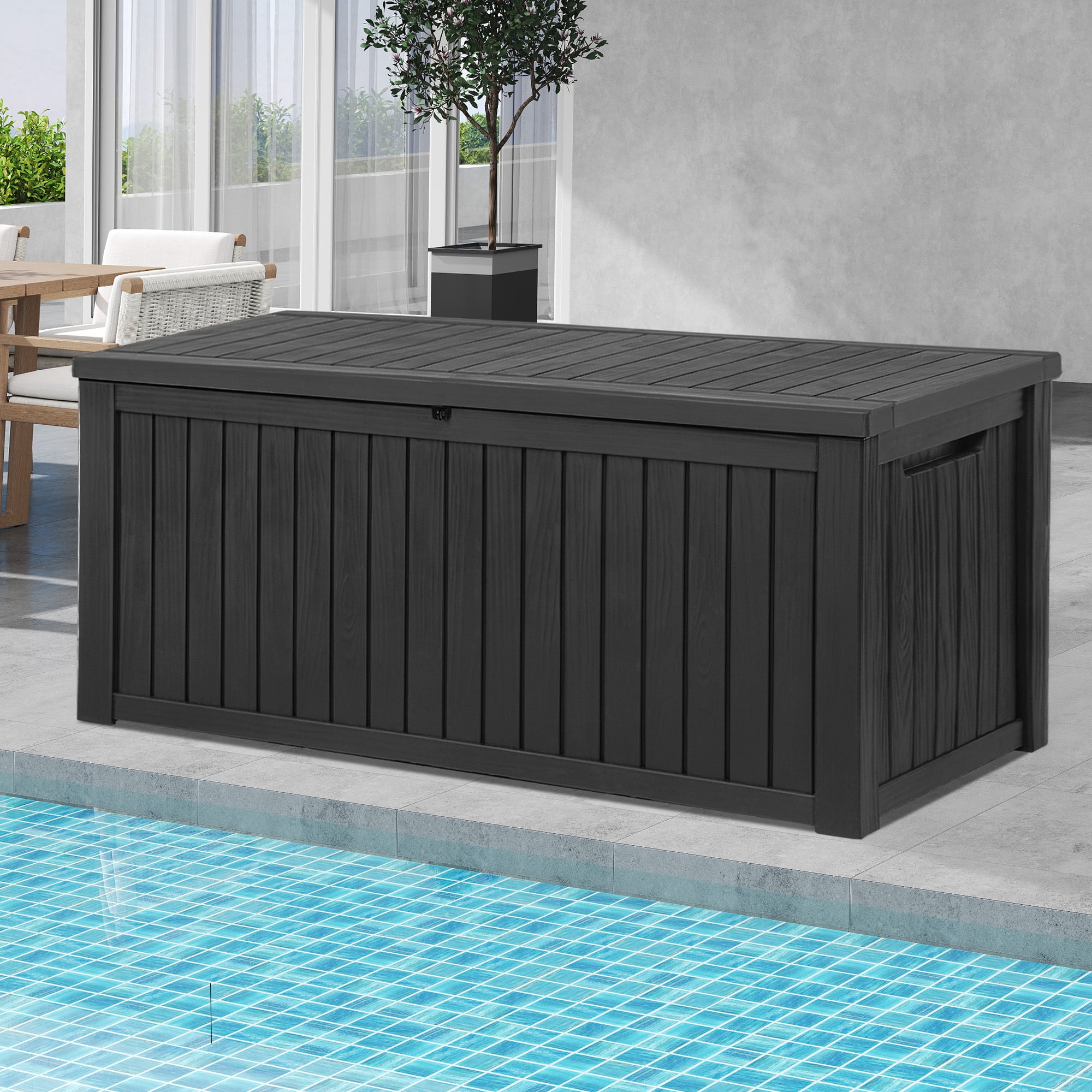 Uforic 150 Gallon Large Outdoor Deck Box, Waterproof Resin Storage with Divider, Lockable, for Patio Cushions Garden Tools Pool Supplies, Dark Black