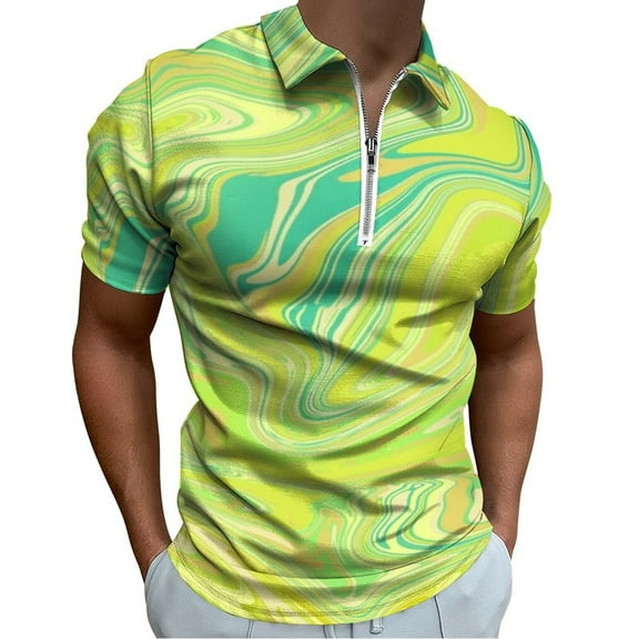 Lime Green Swirls Men Zipper T-shirt Summer Casual Short Sleeve T-shirt Top
