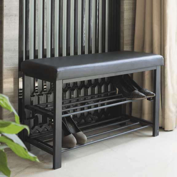 Entryway Shoe Rack with Cushioned Seat, Shoe Bench for Entry, 2 Shelves Storage Bench w/Faux Leather Top Bed Bench, Black