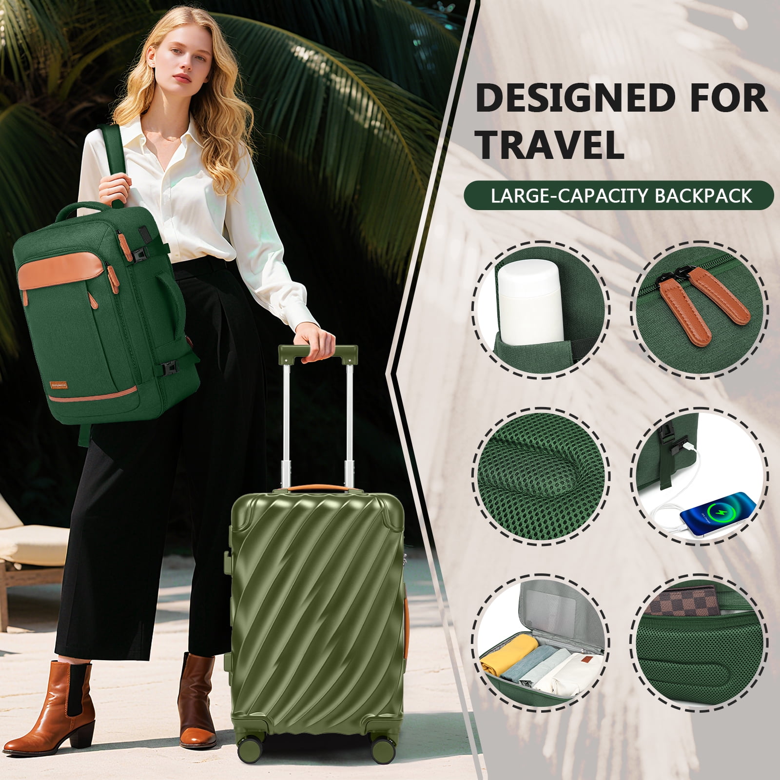 Joyway 3-Piece Carry on Luggage PC Ultra-Hard Shell Lightweight Suitcase TSA Lock Brake Spinner Wheels with Backpack Green