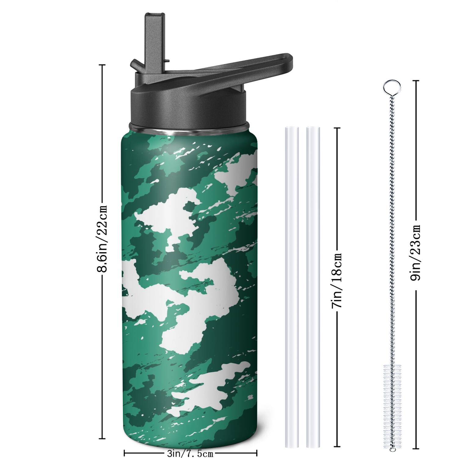 Camouflage Insulated Stainless Steel Water Bottle with Straw & Cleaning Brush – 18/32/40 Oz | Leakproof, BPA-Free, 304 Stainless Steel, Wide Mouth, Travel Mug for Car, Gym, Office