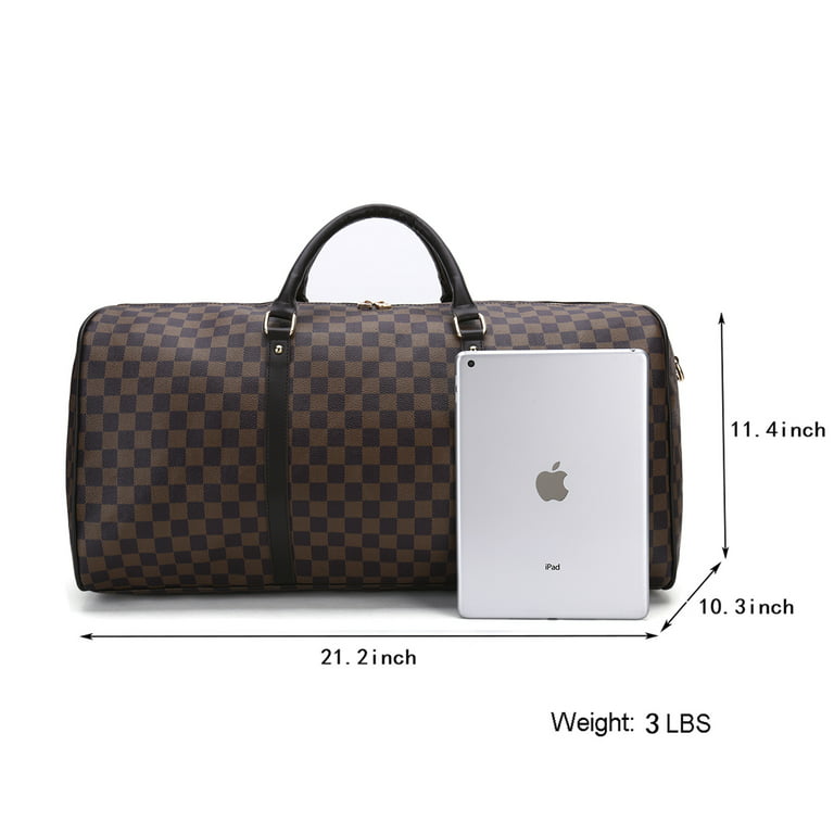 TWENTY FOUR Checkered Weekender Bags Leather Travel Duffel Shoulder Bag  Overnight Large Capacity Portable Luggage For Men Women (Brown) 