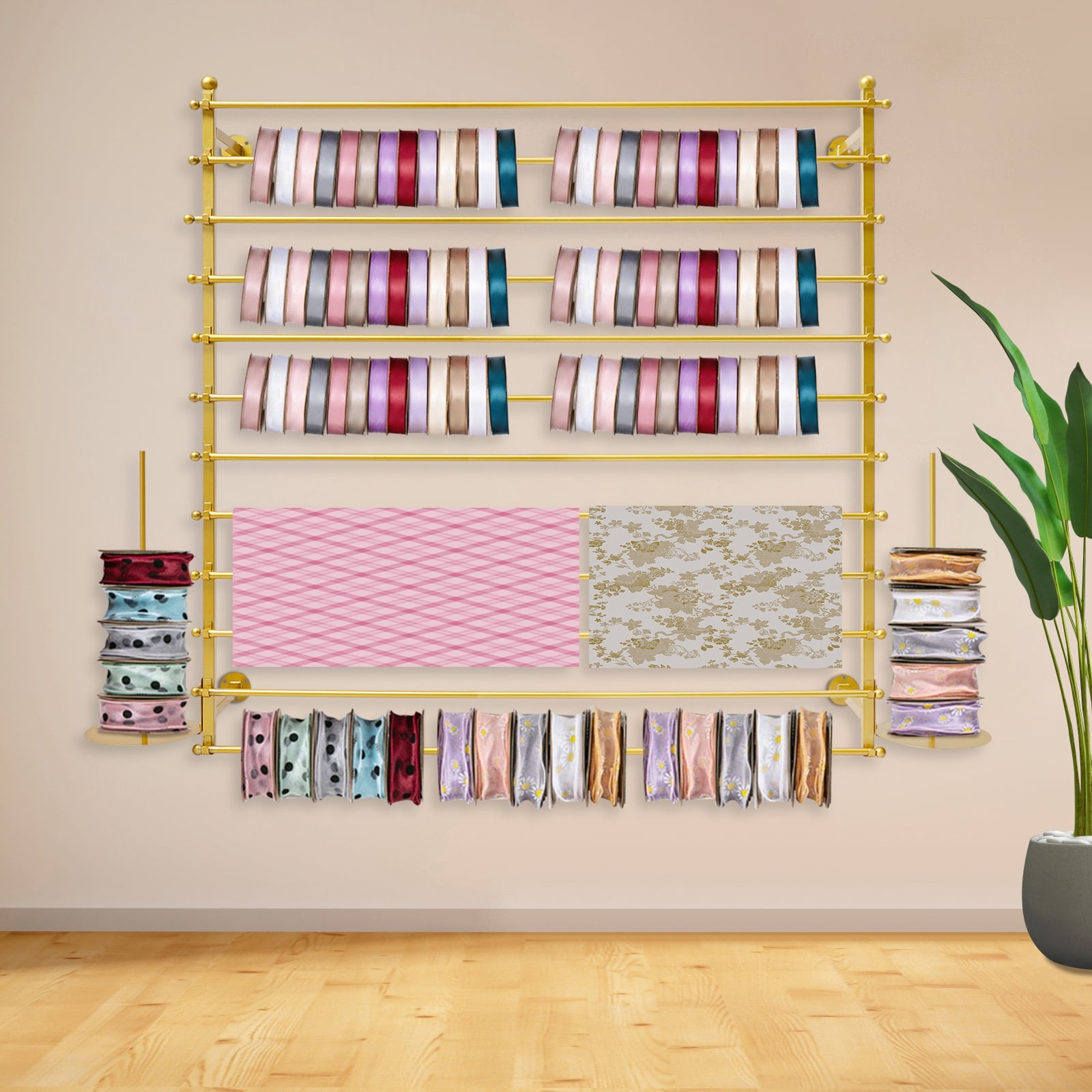 ToppiJoy 12 Rods Wall Mounted Ribbon Rack for Craft Room, Ribbon Organizer Wrapping Paper Rack for Craft Room, Cake Shop, Flower Shop Gold