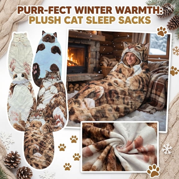 Cozy Plush Cat Sleeping Bag for Adults, 68.90in x 31.50in Warm Fleece Sleep Sack, Winter Soft Washable Sleep Bag for Camping, Travel, Sleepovers, Home Lounging (A)