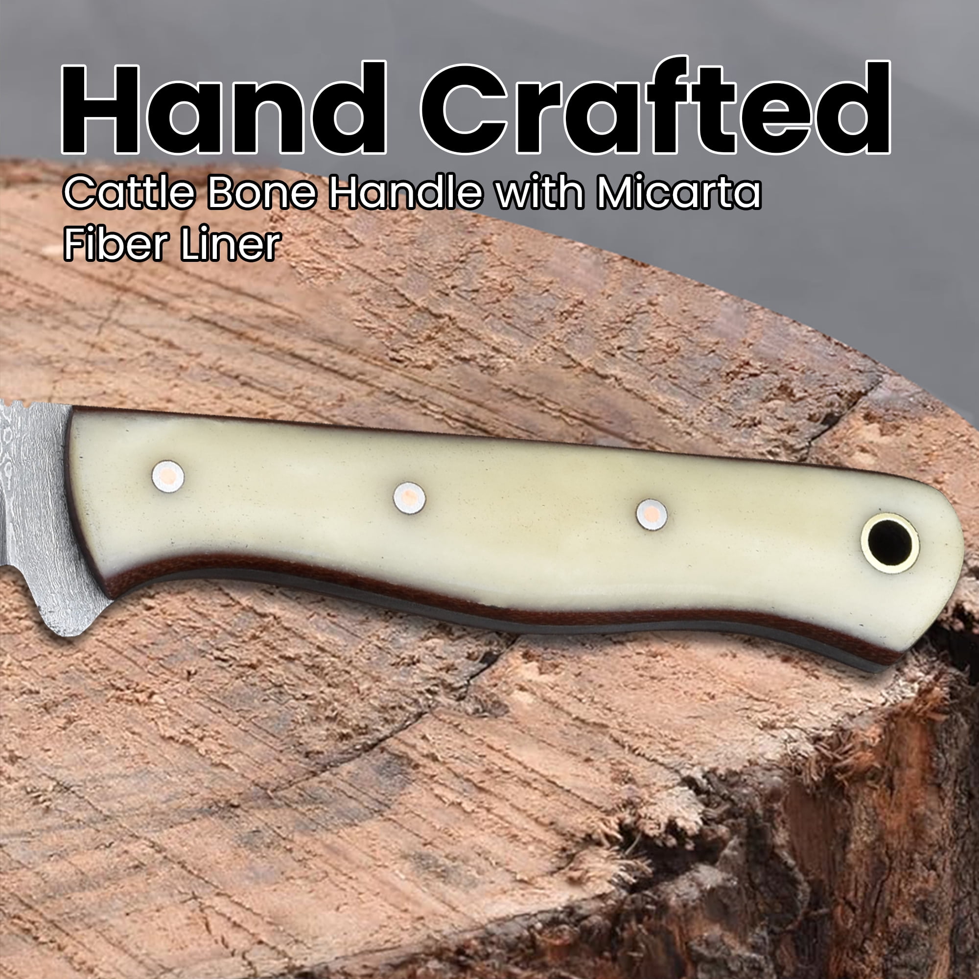 Knives Ranch Handmade 7 inch EDC Tanto Knife - Full Tang Damascus Steel Blade - Compact Everyday Ranch Utility Knife - Natural Cattle Handle - Genuine Leather Sheath - Horizontal Belt Carry (Snug Fit