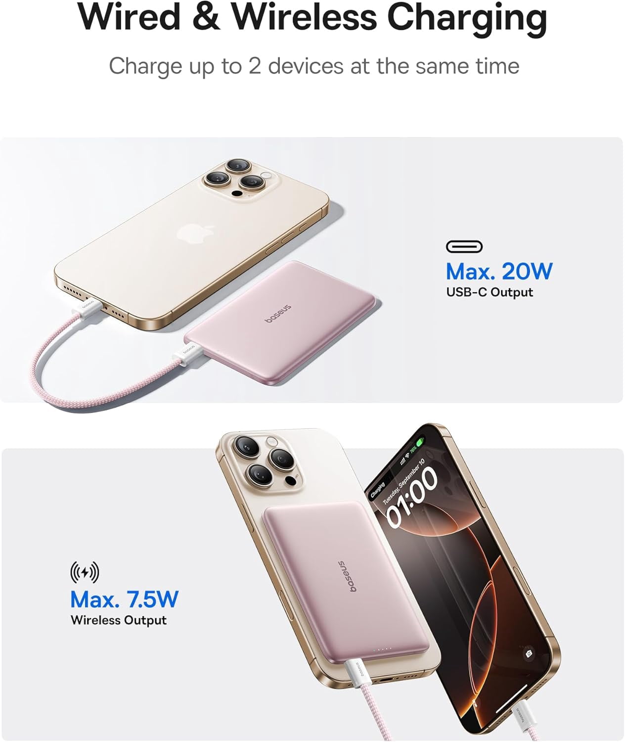 Baseus Picogo 5000mAh Portable MagSafe Power Bank with USB-C Cable, Wireless Charger, Pink