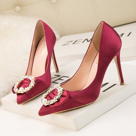 

Four Seasons Fine High Heels Women Elegant 10cm Pointed Toe Shiny Rhinestone Pearl Slip on Wedding Bridesmaid Shoes Party Daily