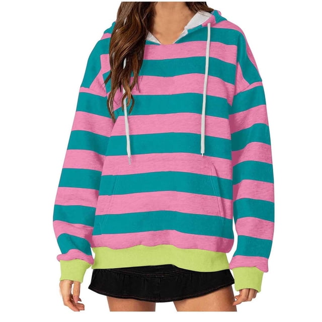 WTXUE Hoodies Pullover Ribbed Long Sleeve Tops Oversized Hoodies Striped Plus Size Long Sleeve Sweaters Pullover Fall with Pocket Dressy Sweaters Lightweight Pullover Tunic Sweatshirt Hot Pink S