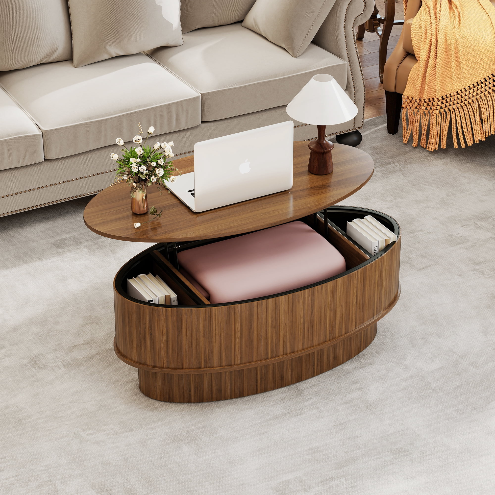 Lift Top Coffee Table with Storage, Mid Century Modern Coffee Table for Living Room, Oval Center Table for Small Space, Walnut