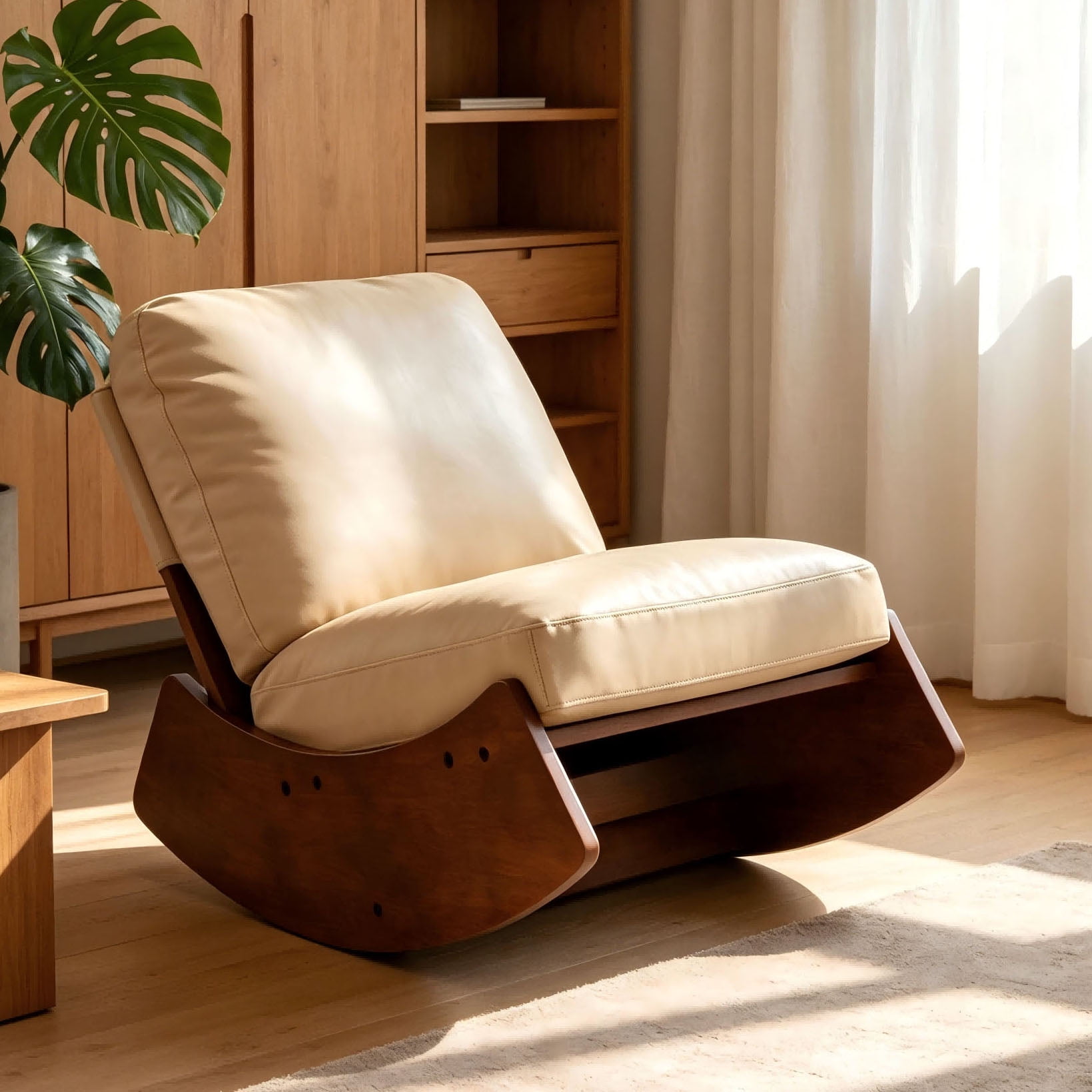 Upholstered Glider Rocking Chair with Solid Wood Frame, Faux Leather Accent for Reading and Relaxation, Cream