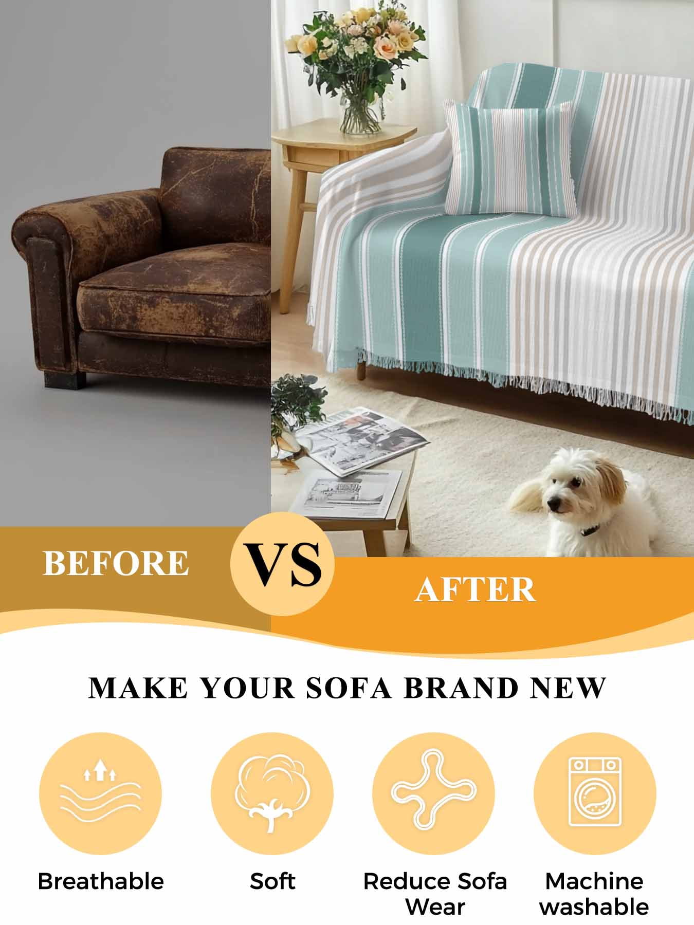 Teal Aqua Stripes Couch Cover, Minimalist Abstract Vertical Lines Oversized Sofa Cover Blanket for 3 Cushion Couch,Sectional Sofa Slipcover Furniture Protector for Living Room Bedroom 71''x150''