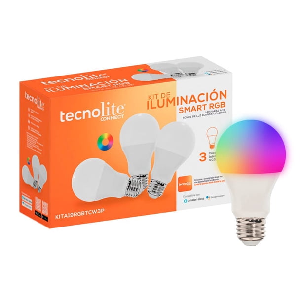 Tecnolite Connect - Paquete 3 Focos Inteligentes RGB WiFi y Bluetooth, Compatible con Alexa por la App Connect para Celular, Luz Fría y Cálida, Iluminación Interiores