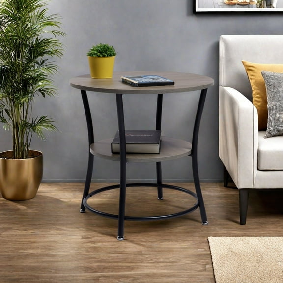 FurnitureR Compact Round Side Table with 2-Tier Storage Shelf- Modern Small Bedside Table Sofa Couch Table, Living Room and Bedroom End Table for Small Spaces