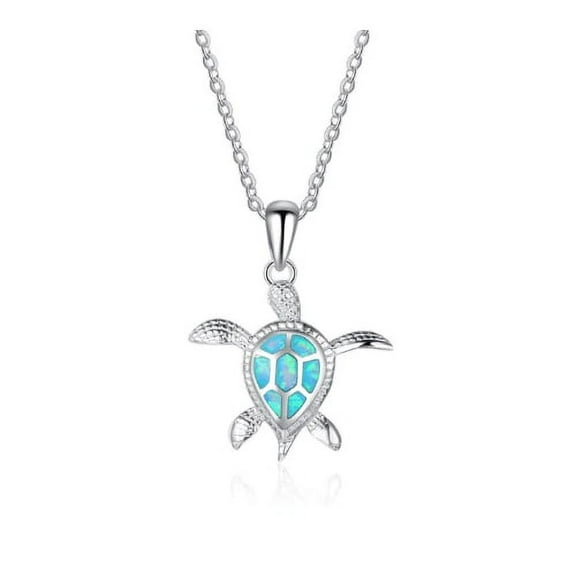 Rhodium Filled High Polish Finsh  Lab-Created Opal Turtle Pendant Necklace
