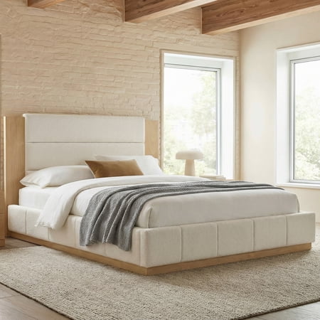 Harper & Bright Designs King Size Upholstered Platform Bed with Oversize Extended Wood Headboard, Modern Velvet Bed Frame with Wood Base for Bedroom, White