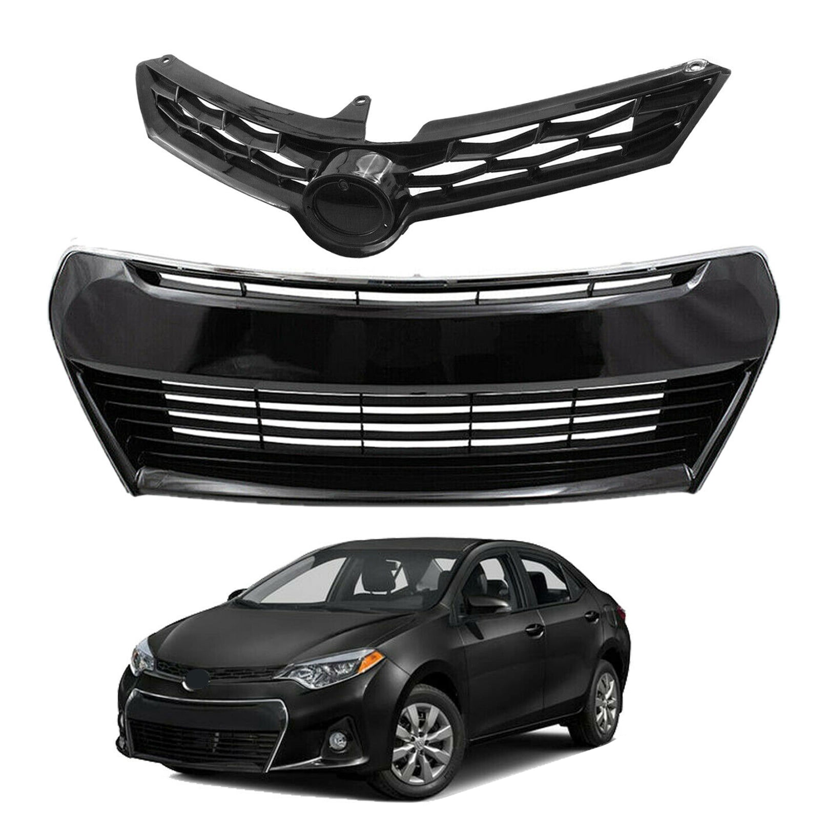 Front Bumper Grill Grille Assembly Fit For 2014 2015 2016 Toyota Corolla S, Black With Chrome Trim (Upper & Lower Grille)
