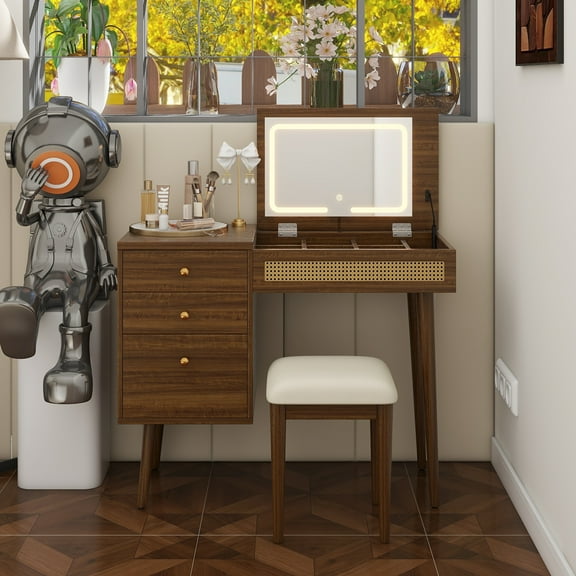 39" Retro Bohemian Style Vanity, Vantiy Desk with Mirror and LED Lights, Dressing Table with Flip-Top Tabletop, Vanity Desk with Storage 3 Drawers, 10 Compartments, Makeup Vanity Set for Home, Walnut