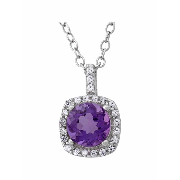 Amethyst and White CZ Sterling Silver Round Halo 6mm Pendant, 18"