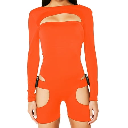

Sunisery Women Hollow Out Skinny Jumpsuit Biker Bodysuit Solid Long Sleeve Shorts Buckles Clubwear Rompers Orange M