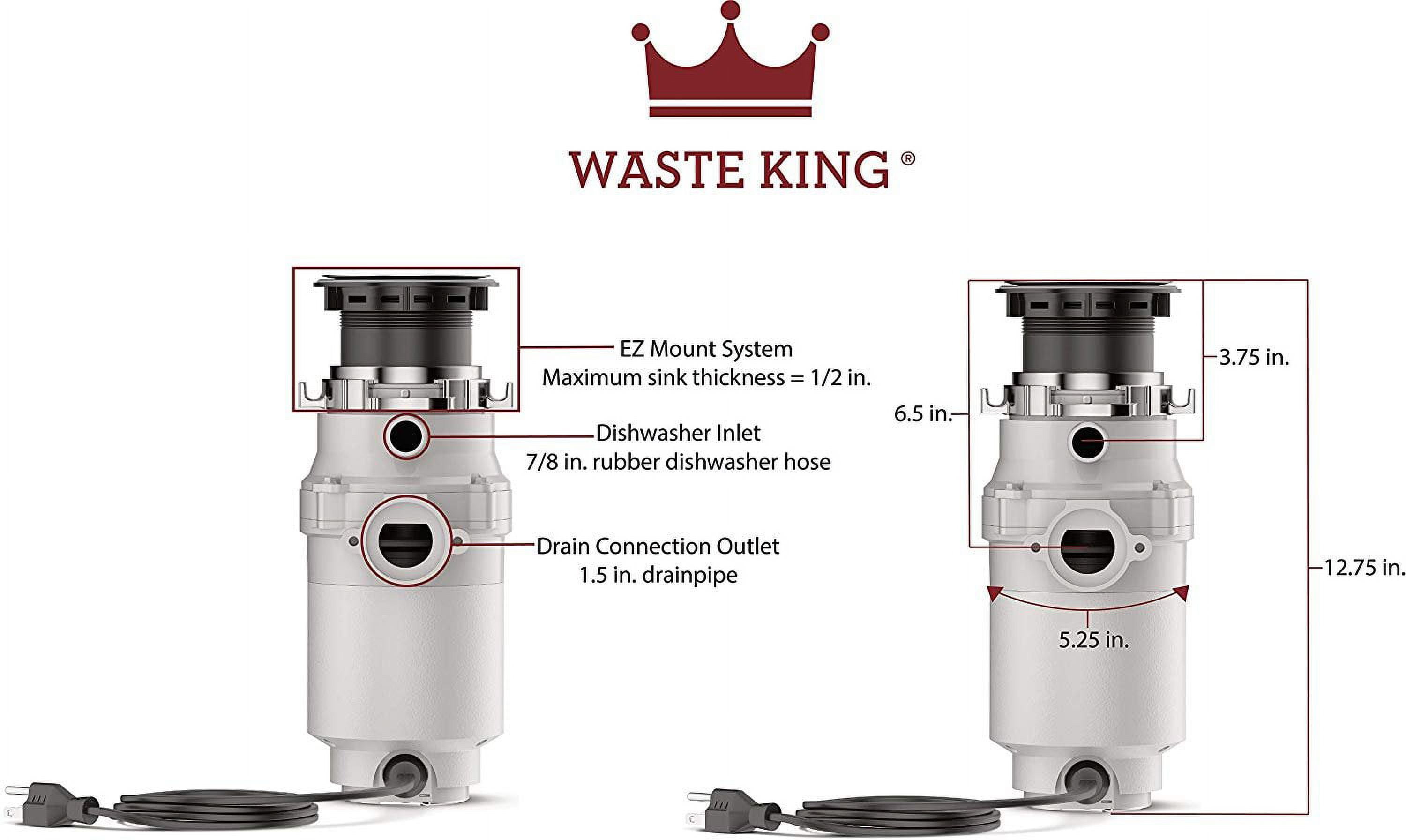 Waste King Garbage Disposal L-1001 with Power Cord - 1/2 HP Continuous Feed - Multicolor — Residential Use, Standard Application