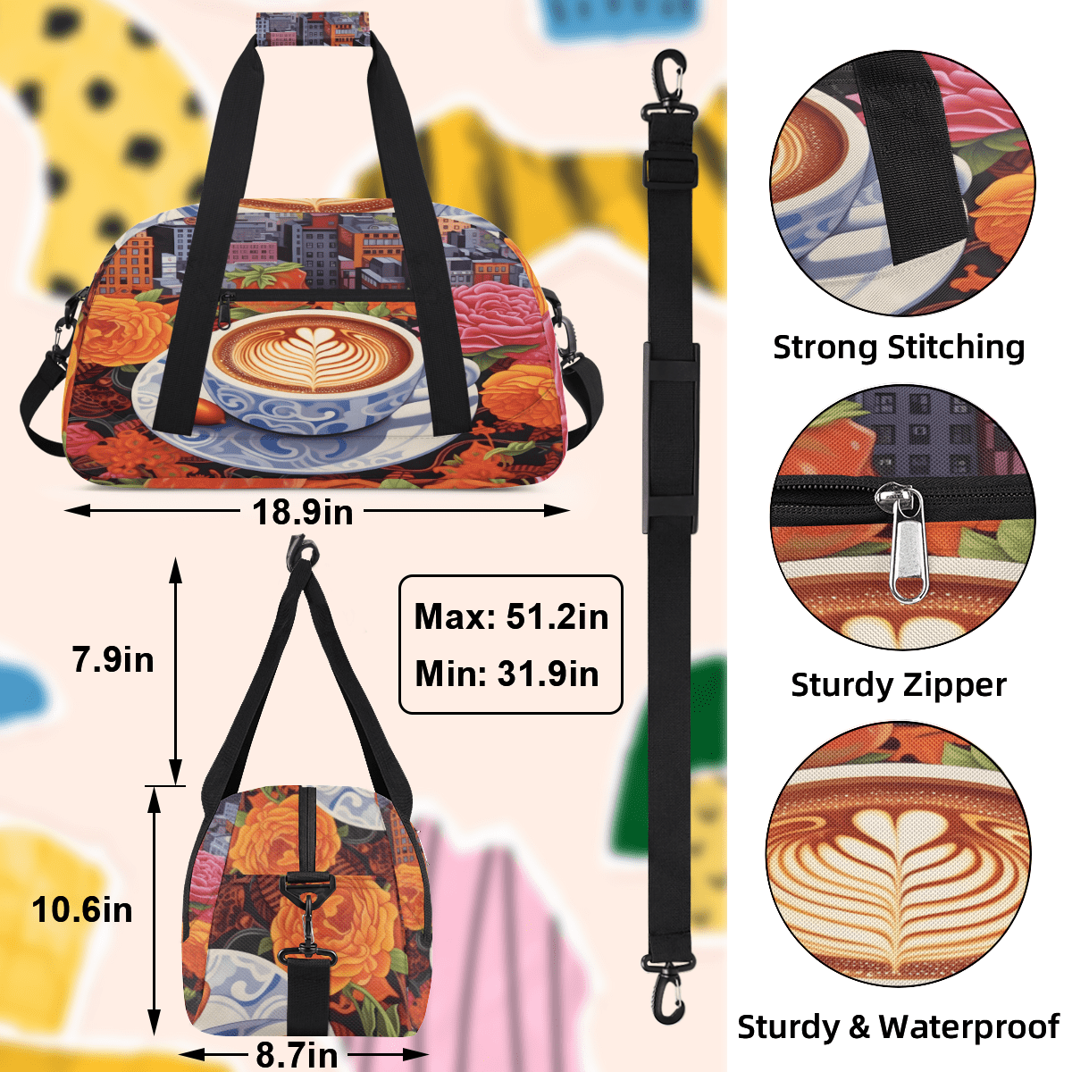 Herdesigns Coffee Cup Sports Duffle Bag for Women & Men, Funny Coffee Theme Gym Bag Dance Bag Overnight Bag Carry On Weekender Travel Bag