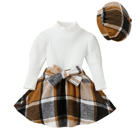 

Toddler Baby Girls Fall Skirt Clothes Long Sleeve Knit Pullover Tops + Bowknot Plaid Skirt with Hat Outfits Set White 12-18M