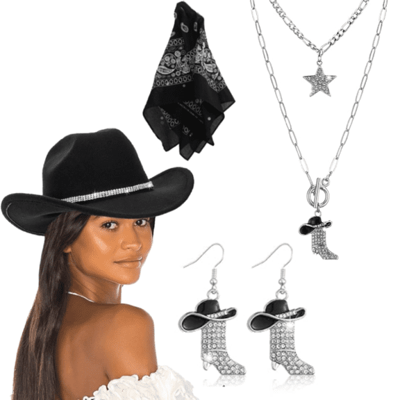 Cowboy Hat Rhinestone Cowgirl Boots Earrings Set Western Earring Felt Fedora Jazz Hat Rodeo Outfit for Women Size M