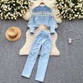 thumbnail image 2 of Conjunto de pantalones de dos piezas para mujer, Blusa de manga acampanada de retazos de encaje hueco a la moda, pantalones adelgazantes informales de cintura alta, otoño, 2 of 5